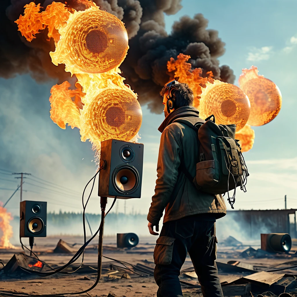 A man fire made of fire with his back to the camera in a post-apocalyptic setting, floating loudspeakers, CGI style, close-up, realistic
