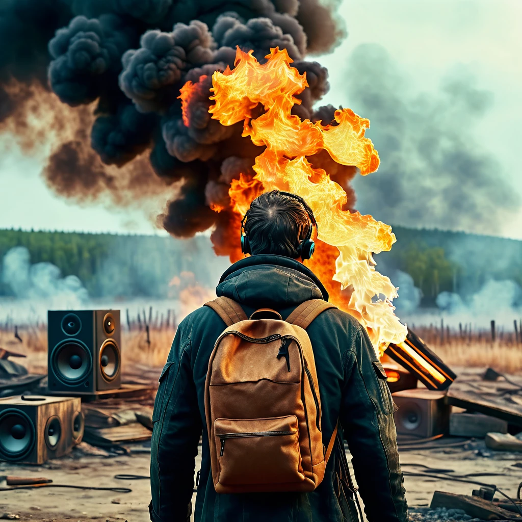 A man fire made of fire with his back to the camera in a post-apocalyptic setting, floating loudspeakers, CGI style, close-up, realistic