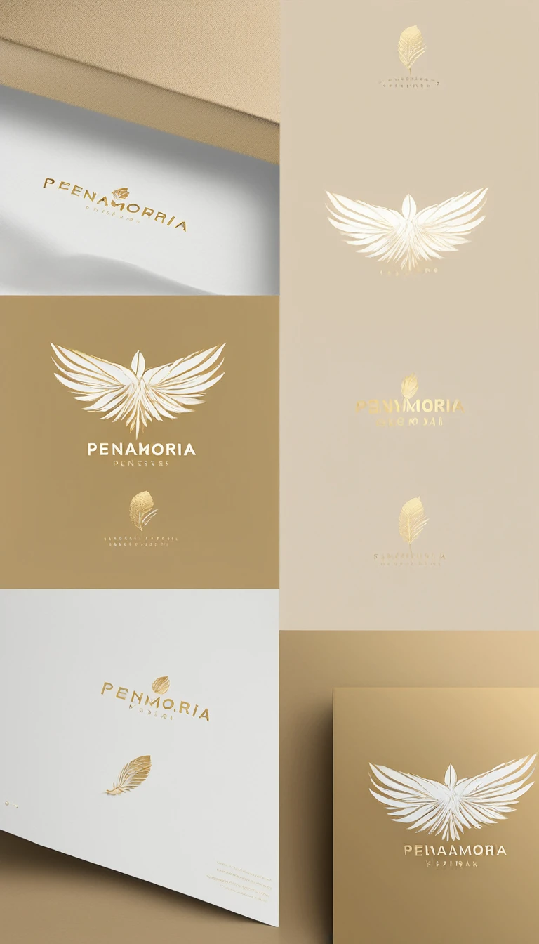 A minimal, modern, simple, cinematic logo design for the brand “Penamemoria". Create a modern, minimalistic, high-quality, logo of a soft golden feather with white wings that convey a sense of memories and dreams
