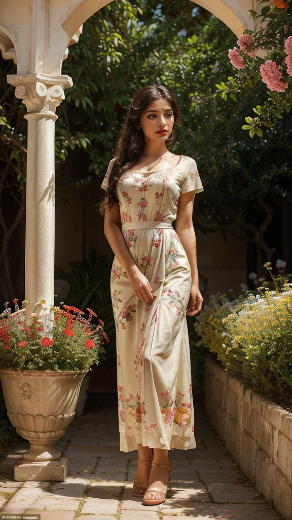 ((full body view)) Of a beautiful lord shri krishna , A detailed girl with beautiful eyes and lips, in a garden full of vibrant flowers and lush greenery. The girl is standing gracefully, wearing a flowing dress that matches the colors of the flowers around her. The sunlight spills through the tree branches, casting soft and warm rays on her face and creating a dreamy atmosphere. Her eyes are sparkling with life, and her long eyelashes frame them perfectly. The painting style is a mixture of classical oil painting and contemporary digital art, resulting in a stunning blend of realism and artistic interpretation. The colors are vivid and rich, with a warm color palette that emphasizes the natural beauty of the scene. Every detail is meticulously captured, from the delicate texture of the flowers to the intricate patterns on the girl's dress. The overall composition is balanced and harmonious, inviting viewers to immerse themselves in this enchanting garden. (((red lips, eye mascara)))
