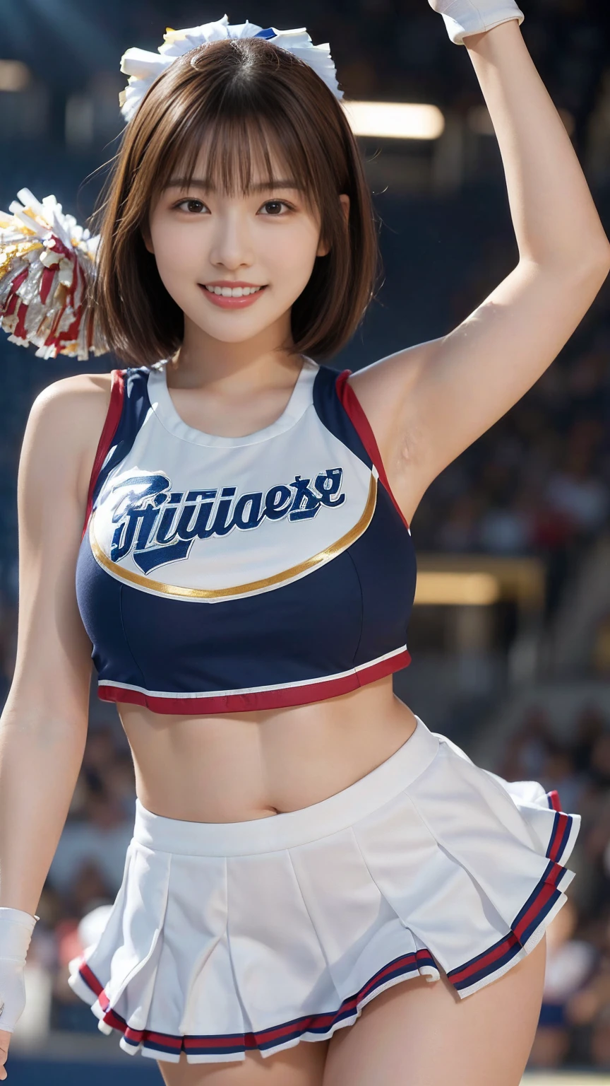 (((Highest quality))), (((masterpiece))), (((Ultra-high resolution))), (((Realistic)))、(((Realistic:1.4))), (((Big Breasts))), (((Photo album)))、(((8k))), Beautiful lighting, Studio Lighting, Voluptuous, Beautiful woman, (((Short Bob))), (((Brown ash))), Beautiful Skin, Fine skin, 魅惑的なsmile, Background blur, smile, Hair over the ears, beautiful girl, (((Fair skin))), Plump body, (((Cheerleader, Cheerleader)))