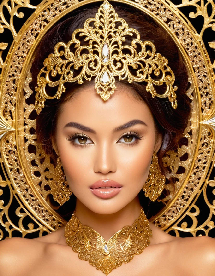 A glamorous woman with a sultry look and a touch of sparkle on her cheek, surrounded by ornate golden filigree designs. 