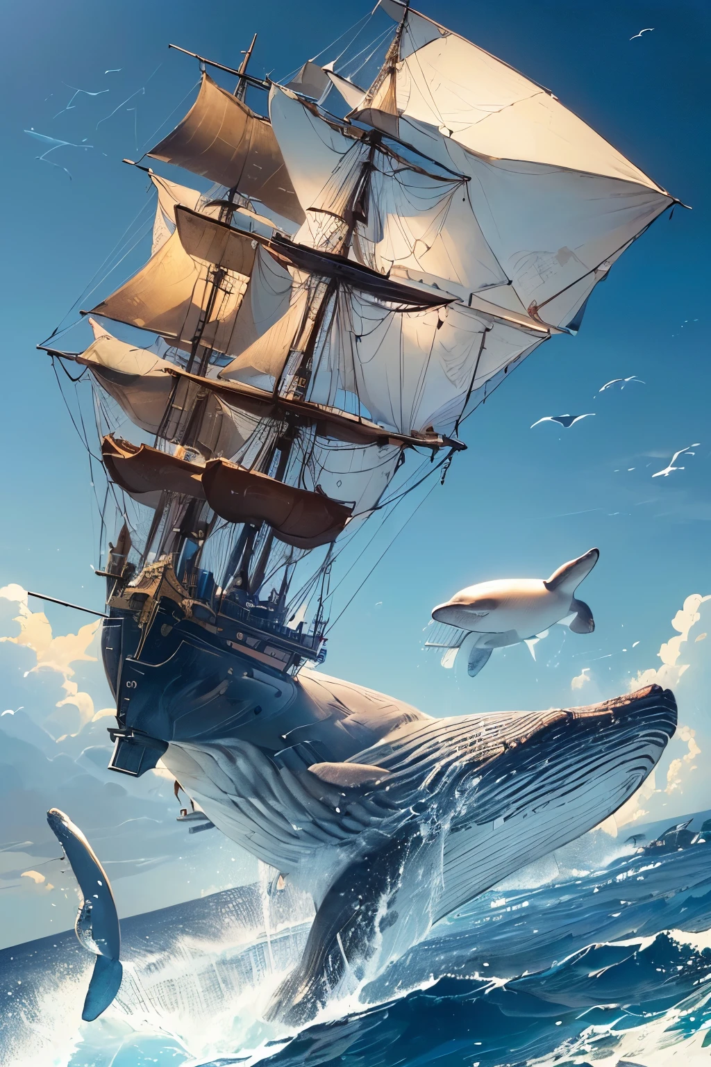 (remote々and a realistic whale flying in the sky、Equipped with anti-gravity device:1.4)、(Steampunk steam ship flying in the sky:1.2)、(A whale and a sailing ship fly side by side in the sky:1.2)、Fantastic World、(Steampunk World)、Steampunk design、Detailed steampunk illustration、delicate and dynamic、(Super detailed alcohol ink paintings:1.2)、vintage、Cinematic、