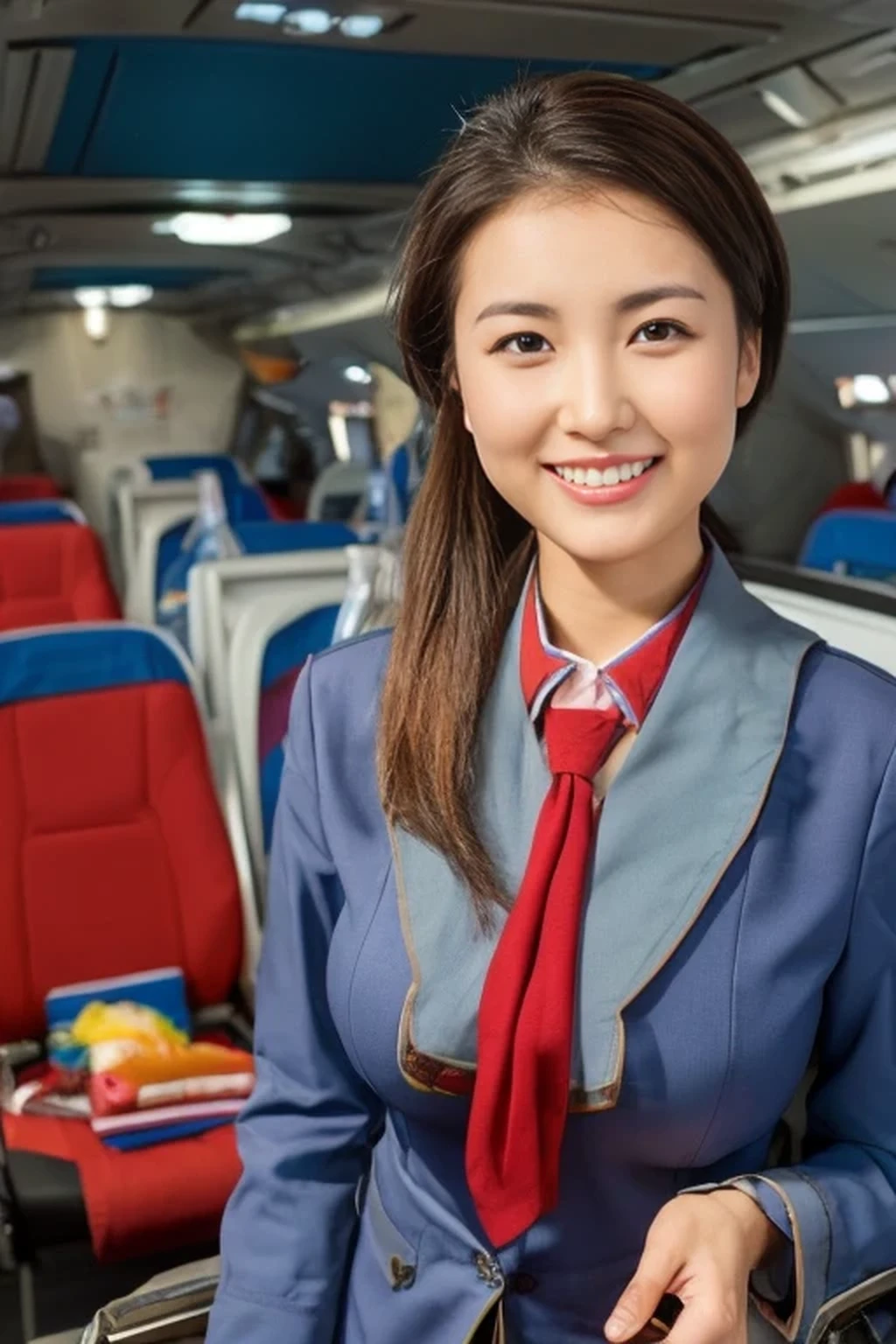 best quality, masterpiece, beautiful Japanese woman,( ((stewardess))), ((inside an airplane)), smiling, huge breasts