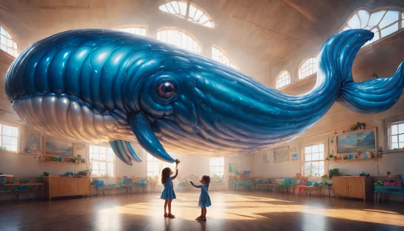 a digital paining of  (balloon in the shape of blue whale) ((being held by a cute kindergarten girl)), High Contrast, (masterpiece:1.5), highest quality, Best aesthetics), 16K fantasy art, best details, best quality, highres, (ultra wide angle: 1.2), 16k, [ultra detailed], masterpiece, best quality, (extremely detailed), magical sky, digital painting, balloonz