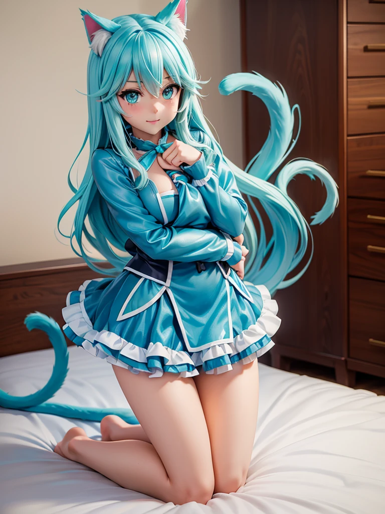 Aqua Konosuba, ((Cute kneeling pose on the bed)) ((sexual, Tall beautiful cat girl)) ((Cat&#39;s ears, cat tail, Cat's hair, Cat's paws, Cat's paws, Cat's claws)), ((dark eye shadow makeup)) ((bright red lipstick)), ((long blue hair, closing one eye)) ((big breasts:1.8)) ((slender body:1.3)) ((wear a white bikini with a tiny thong, white stockings, White gloves)), ((inside the bedroom)) ((a high resolution:1.5), ((low intensity lights)) ((masterpiece:1.5))((8 K:1.5)) ((Best quality:1.4))