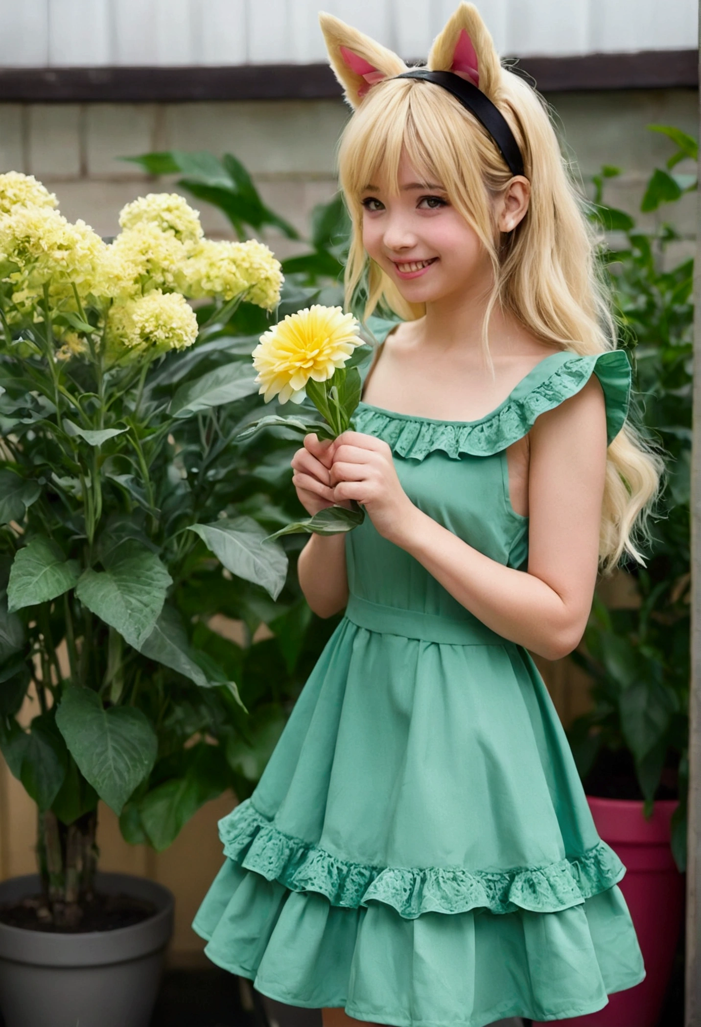 1girl, :d, animal ear fluff, animal ears, bangs, black hairband, blonde hair, blurry, blurry background, depth of field, dress, flower, flower pot, frilled dress, frills, green dress, green eyes, hairband, holding, long hair, open mouth, pink flower, plant, potted plant, sketch, sleeveless, sleeveless dress, smile, solo, tail, wrist cuffs, yellow flower, 1980s (style)
