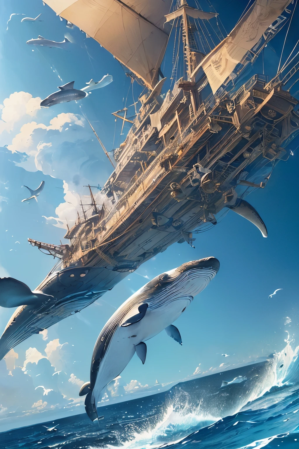 (remote々and a realistic whale flying in the sky、Equipped with anti-gravity device:1.4)、(Steampunk steam ship flying in the sky:1.2)、(A whale and a sailing ship fly side by side in the sky:1.2)、Fantastic World、(Steampunk World)、Steampunk design、Detailed steampunk illustration、delicate and dynamic、(Super detailed alcohol ink paintings:1.2)、vintage、Cinematic、