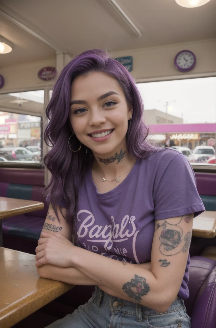 street photography photo of a young woman with purple hair, smile, happy, cute t-shirt, tattoos on her arms, sitting in a 50s diner 