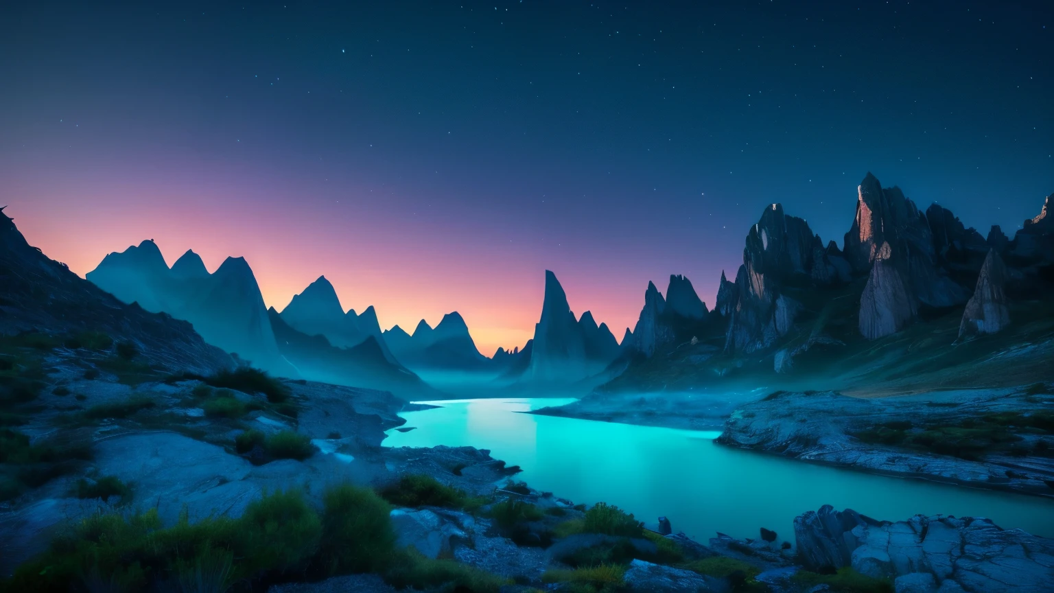 Generate a breathtaking and unique landscape photo using SDXL. The scene should depict a surreal and otherworldly environment where towering, jagged mountains are covered in bioluminescent vegetation that glows in shades of blue and green. A crystalline river winds its way through the valley, its water shimmering with iridescent hues under the light of a large, luminescent moon hanging low in the sky. The sky is filled with vibrant, swirling colors of a twilight that blends purples, pinks, rendering 4k resolution