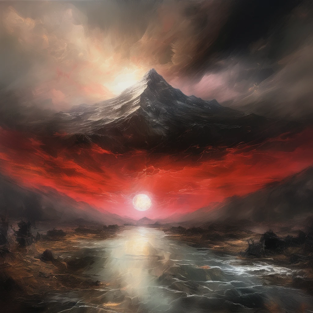 famous artwork by (maurice sapiro:1.4), beautiful painting of mount everest, himalayas, breathtaking mountain landscape, beautiful scenery, majestic, awe-inspiring, symmetrical composition, (dappled light:1.2), crepuscular rays, dark corners, ultra detailed, 8k, uhd, red light emanating from soft white and light-pink glowing ring around a solar eclipse, (the character guts from berserk:1.7), (eclipse from berserk anime:1.2), a black moon is obscuring view of the sun, (total solar eclipse:1.2), dark black clouds accented by the red light fill the sky, stream, basin, coast BREAK (the character guts from berserk:1.7), Kentaro Miura Style