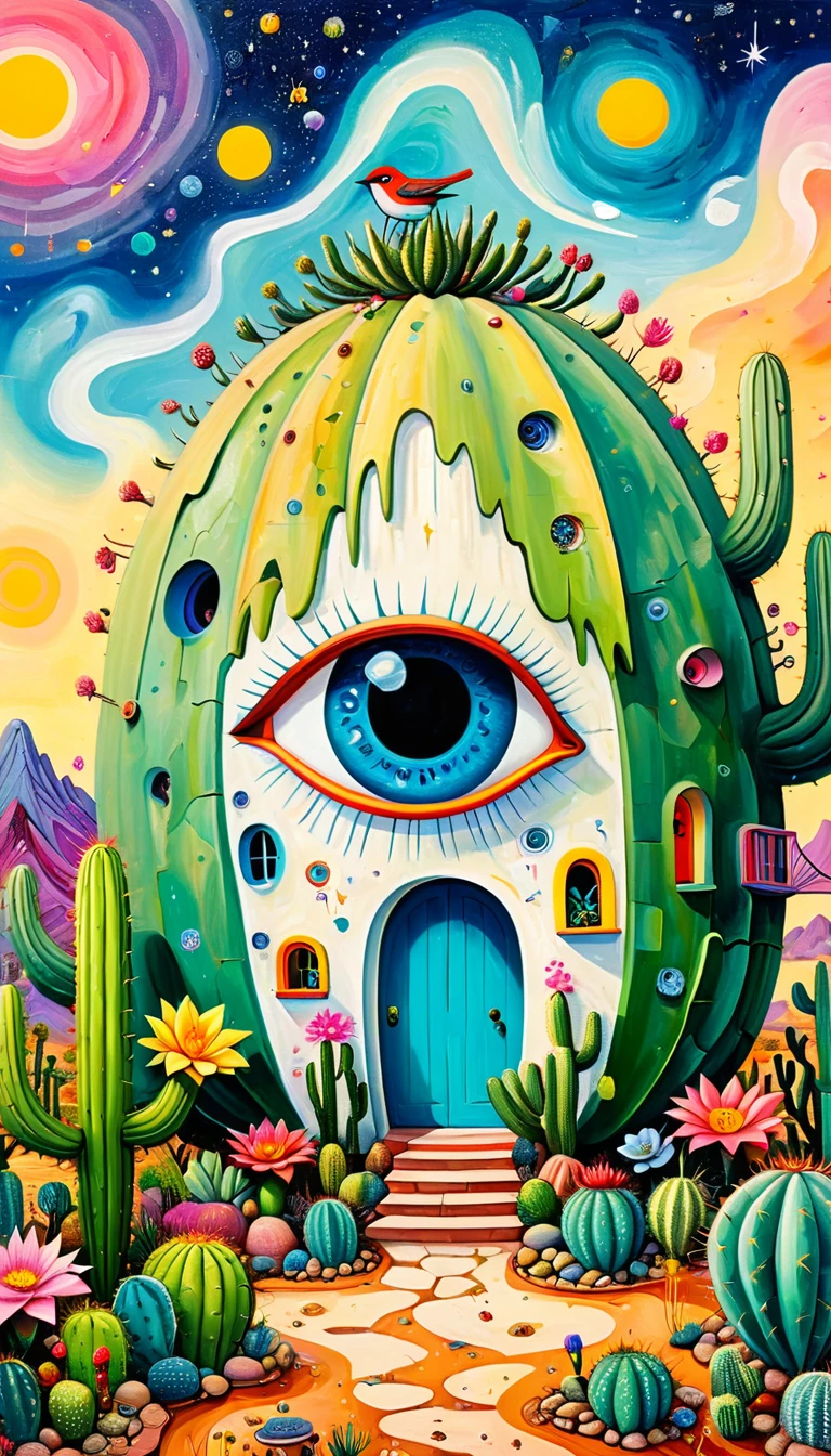 Children's graffiti,Thick coating，Concave and convex texture，Oil pastel strokes：In the vast desert，Artists from the stars，Planet Paradise，湖泊像Eye一样。Cactus house、flowesh、Tentacles、bird、(((Eye)))、diatom，Abstract mosaic painting，Describing the inner world of autistic people，Large area of white，interesting，Innocence，Vision，Psychedelic Art，Incorporating Picasso&#39;s artistic style：1.1
