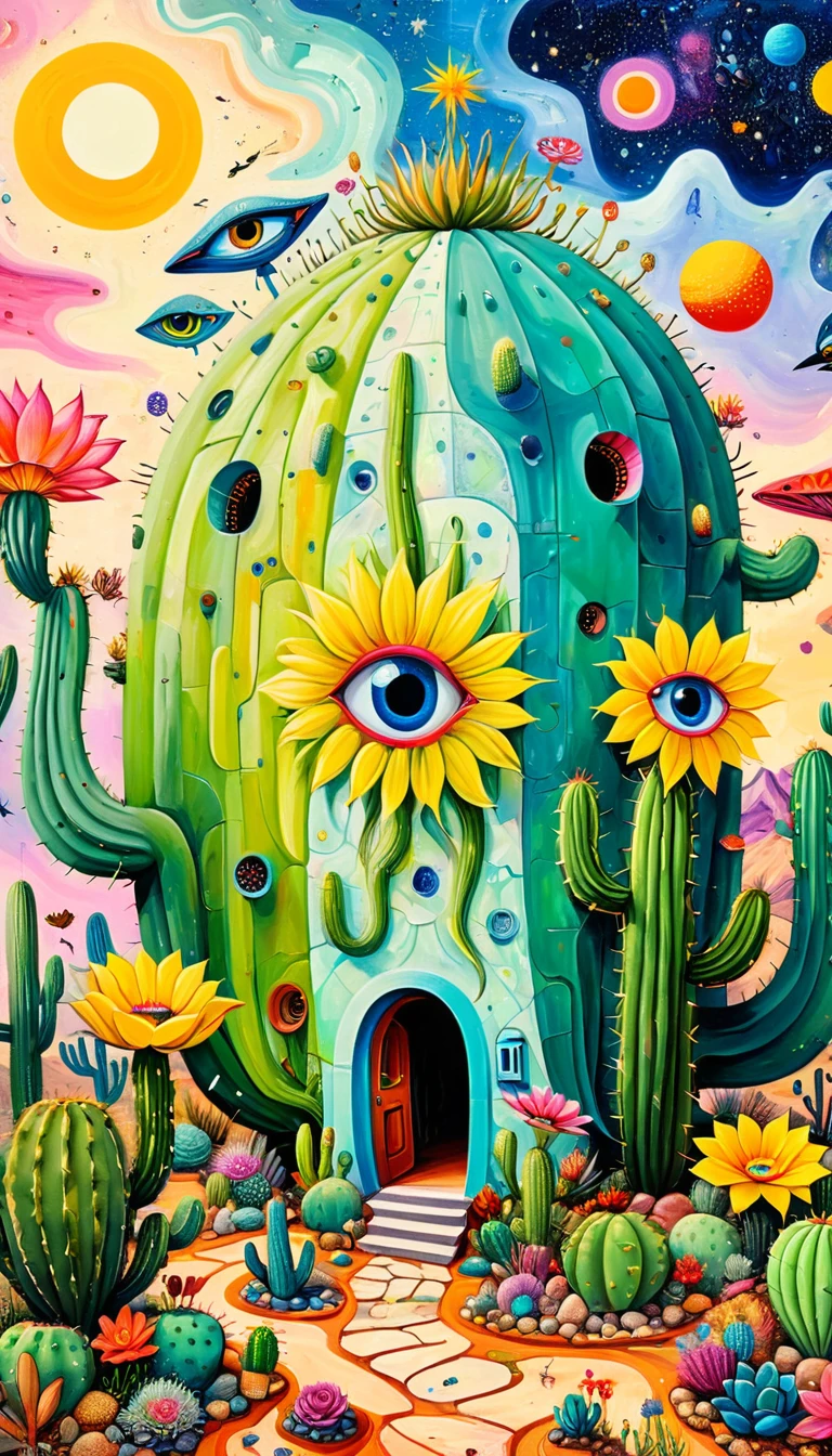 Children's graffiti,Thick coating,Concave and convex texture,Oil pastel strokes:In the vast desert,Artists from the stars,Planet Paradise,湖泊像Eye一样。Cactus house、flowesh、Tentacles、bird、(((Eye)))、diatom,Abstract mosaic painting,Describing the inner world of autistic people,Large area of white,interesting,Innocence,Vision,Psychedelic Art,Incorporating Picasso's artistic style:1.1