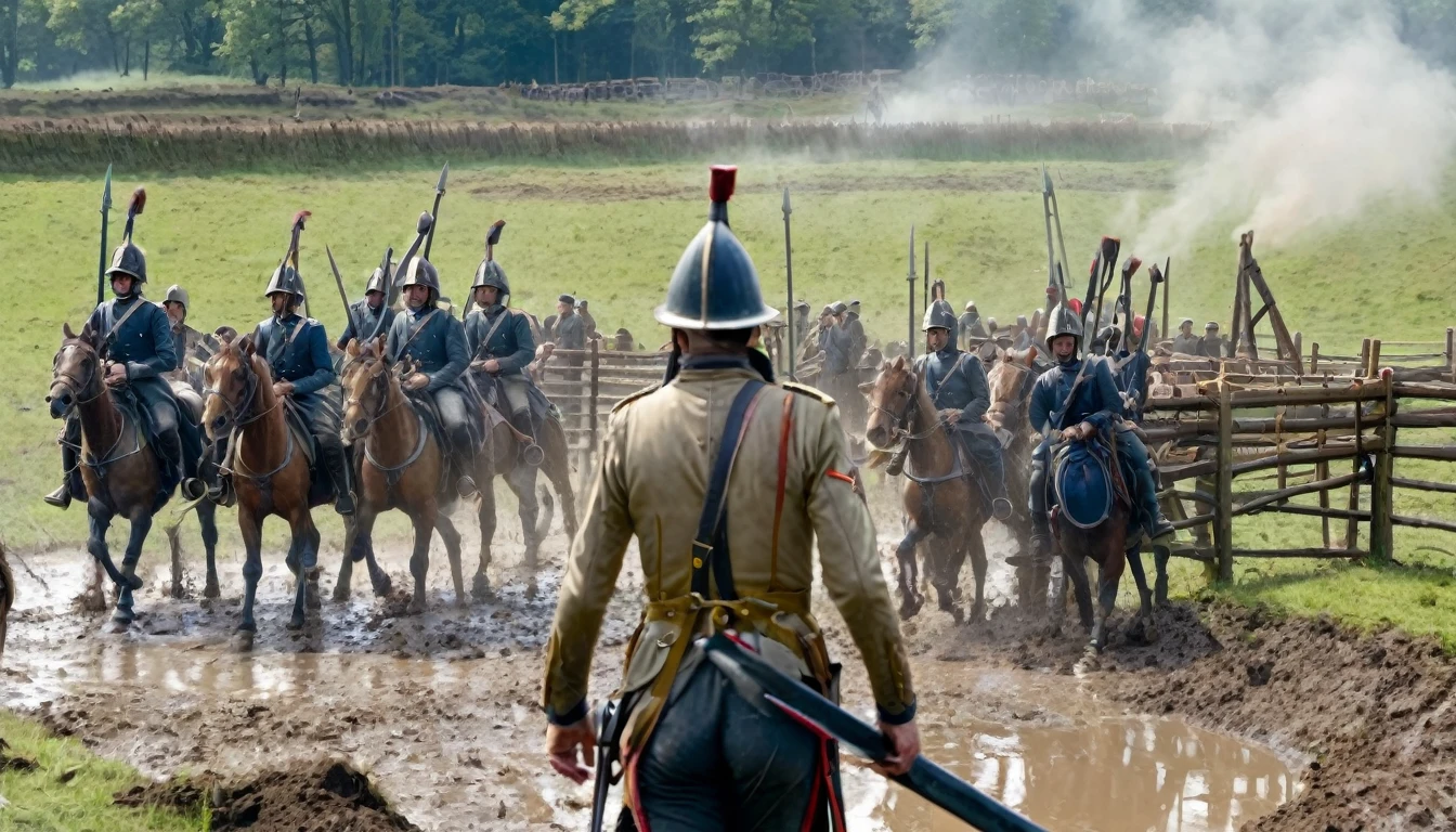 Cavalrymen impaled by a picket fence on a muddy battlefield