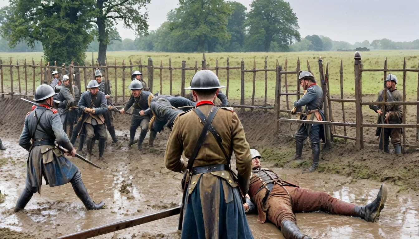 Cavalrymen impaled by a picket fence on a muddy battlefield