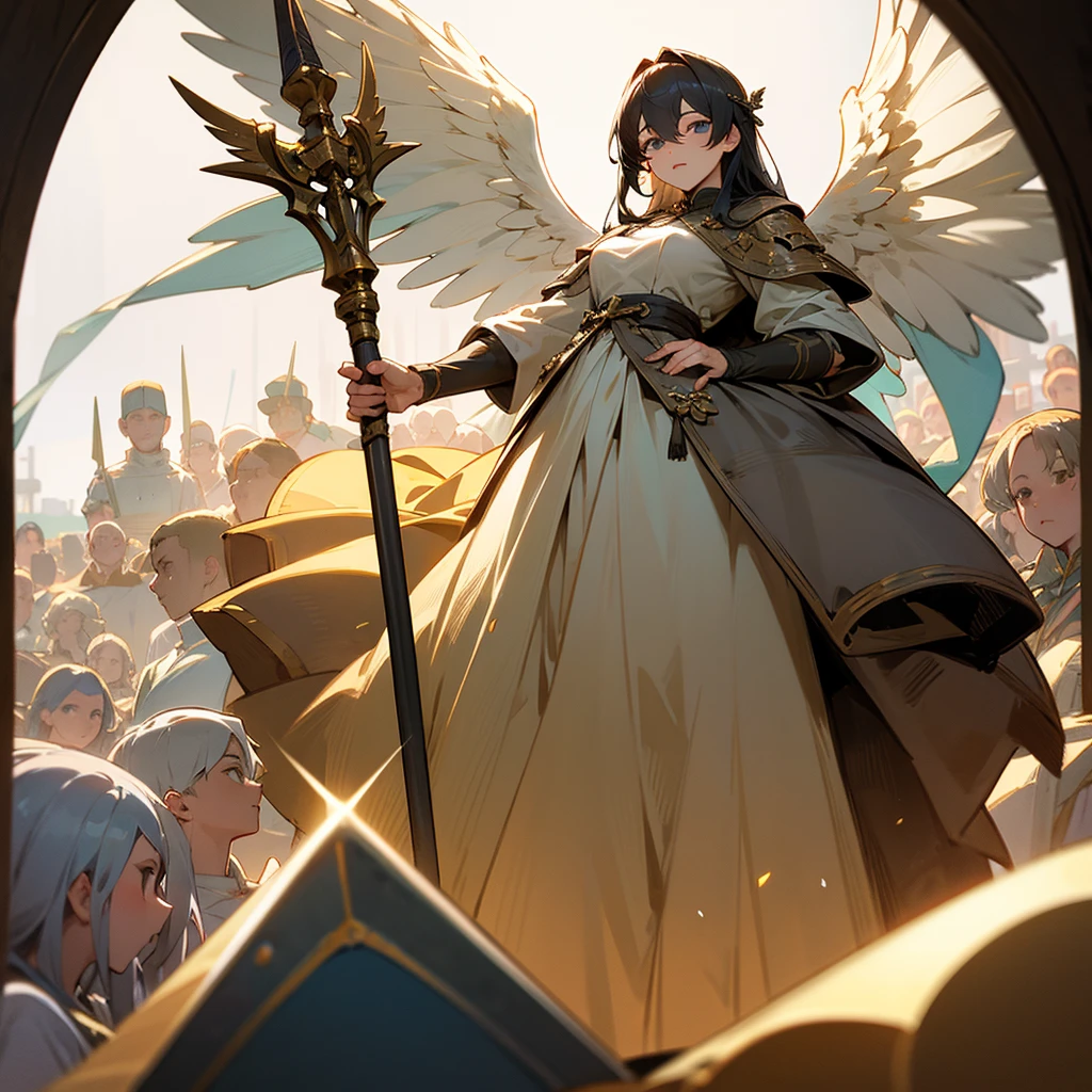 high resolution、Archangel Michael、The greatest angel。A neat and tidy adult woman with a dignified gaze。white、She was wearing a light gold dress.、大きなwhiteい羽が、Growing。In his hand he holds a spear for battle。
Overall light image。god々Successfully、beautiful。
like medieval europe、Fantasy。