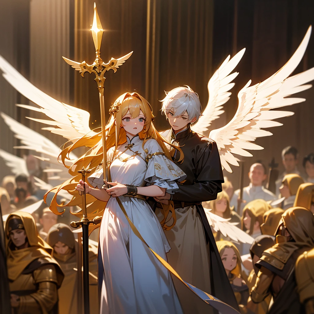 ((Highest quality)), ((masterpiece)), (detailed), （Perfect Face）、The woman is Hera, the Greek goddess, a magnificent and large angel.６An archangel and god with wings and a shining halo above his head.々Goddess Tiara, wife of Zeus, king of the gods, and queen of the sacred gods.、The woman was the beautiful goddess Goddess Tiare, queen of the one and only god Zeus, with green eyes and medium-long blonde hair. She was wearing a pure white vintage wedding dress with gorgeous gold embroidery and trim, a gorgeous vintage wedding veil, gorgeous jewelry and decorations, an engagement ring, and gorgeous accessories. She was an elegant goddess, the graceful, beautiful, sacred goddess and queen Goddess Tiare.
