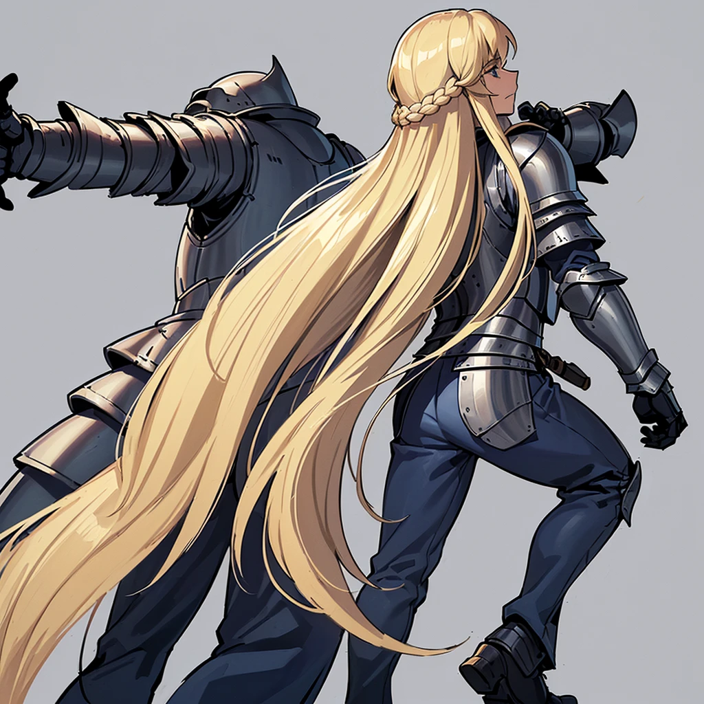 ((((Solo))))、(Full body character concept)、Highest quality, Best Quality, Best illustrations, (((Grey Armor)))、(((Blond long hair man、Long-haired man、male、24-years-old、Cool guy)))、(Medieval Knight)、(Navy blue trousers)、(get annoyed、Clench your teeth)、(Living in the desert)、(White background)、(Fighting Pose)、(From the back、back view)