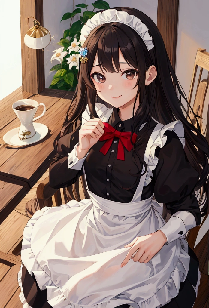 masterpiece, Highest quality, Absurd, Super detailed, 1 girl、As an adult、smile、shirt、skirt、apron、hair ornaments、Black Hair、Brown eyes、Fairy、Maid、Maidコスチューム、（Small breasts）、Wind、Squat、coffee