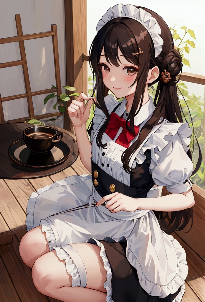 masterpiece, Highest quality, Absurd, Super detailed, 1 girl、As an adult、smile、shirt、skirt、apron、hair ornaments、Black Hair、Brown eyes、Fairy、Maid、Maidコスチューム、（Small breasts）、Wind、Squat、coffee