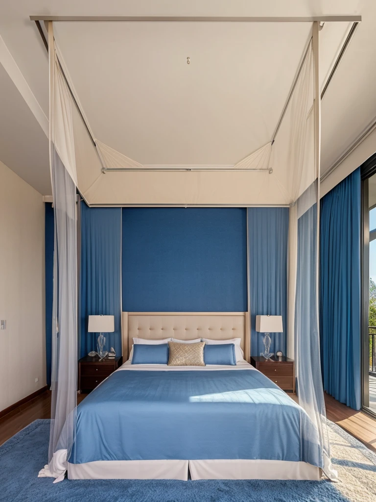 ((best quality, exceptional visual quality)), ((better skin texture, premium material))

Luxury bedroom of a villa, canopy bed, sliding glass door, balcony, big bed, (( huge room)), balcony walls, luxurious blue bedroom 