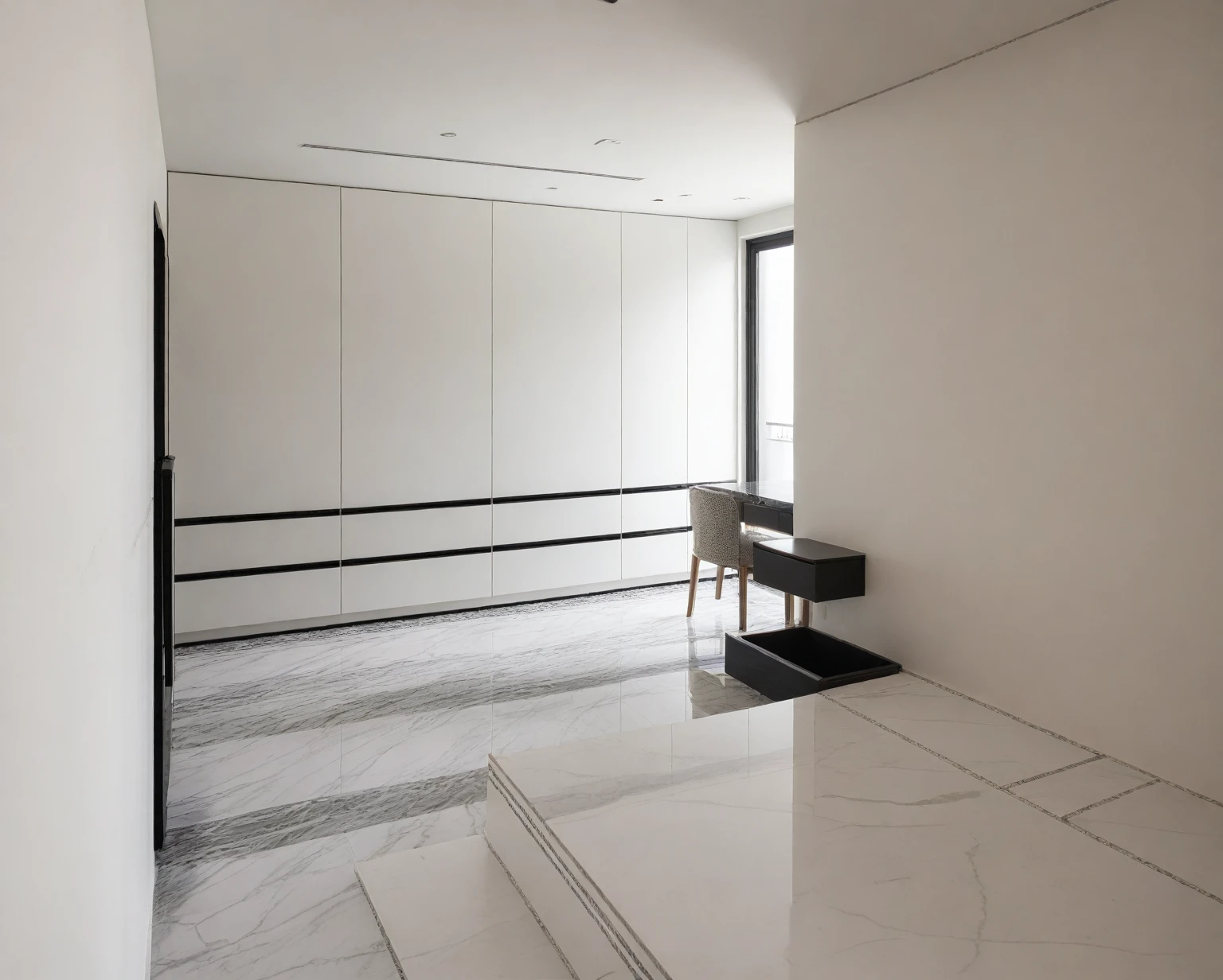 Raw photo,Masterpiece, high quality, best quality, authentic, super detail,
indoors, interior , ((bedroom :1.3)), modern style, daylight, (WHITE WALL),luxury, marble tile floor, fridge, black stone counter top