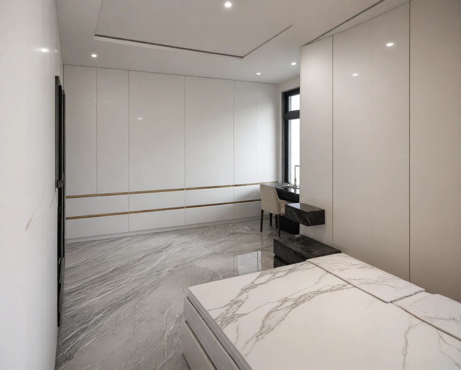 Raw photo,Masterpiece, high quality, best quality, authentic, super detail,
indoors, interior , ((bedroom :1.3)), modern style, daylight, (WHITE WALL),luxury, marble tile floor, fridge, black stone counter top