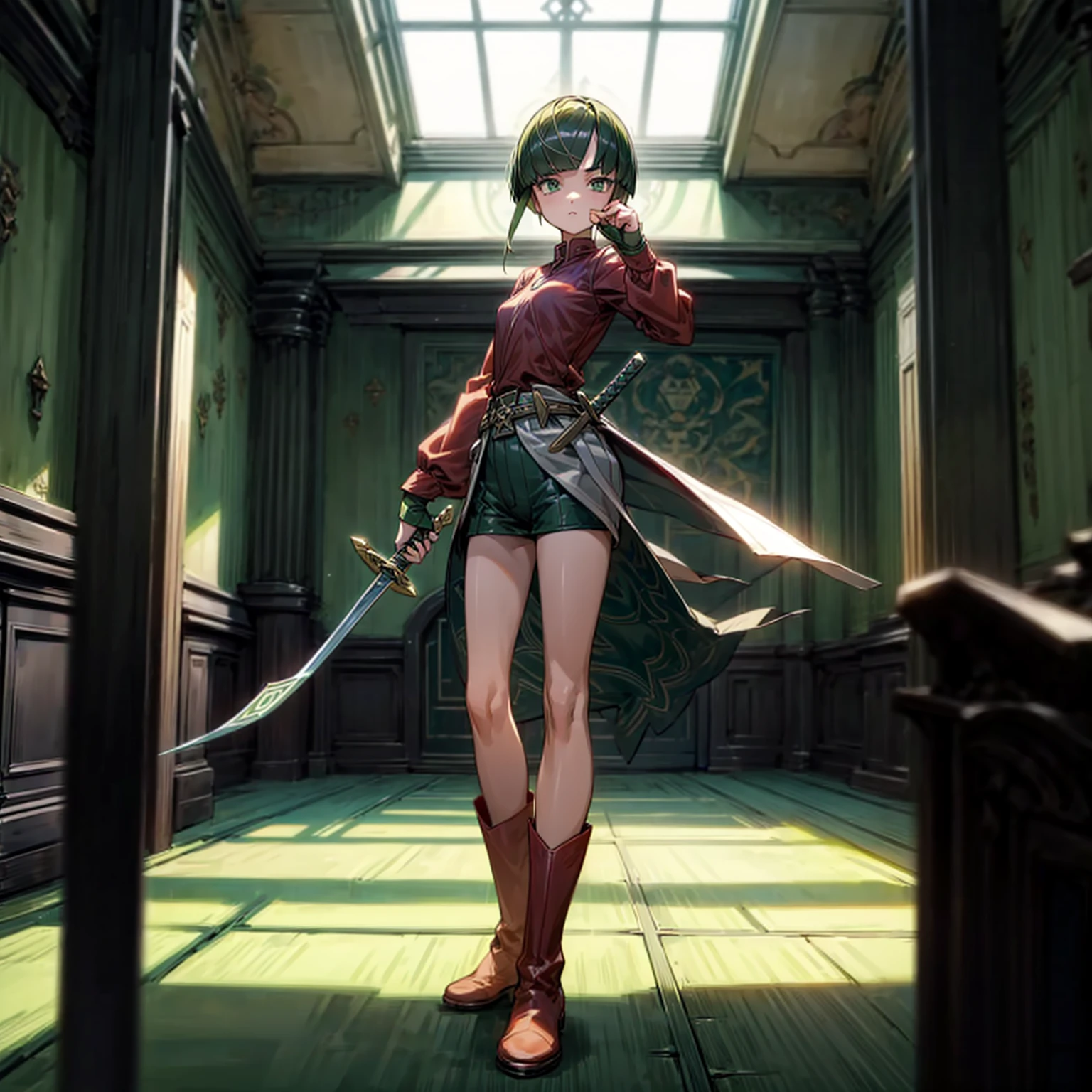 1girl, Full body version, 1character, green eyes, short haircut, green color hair, soldier style clothing, red colour clothing, boots, Grassroots, background indoor building city, motion blur, (detective conan style art), standing gesture, sword in hand 