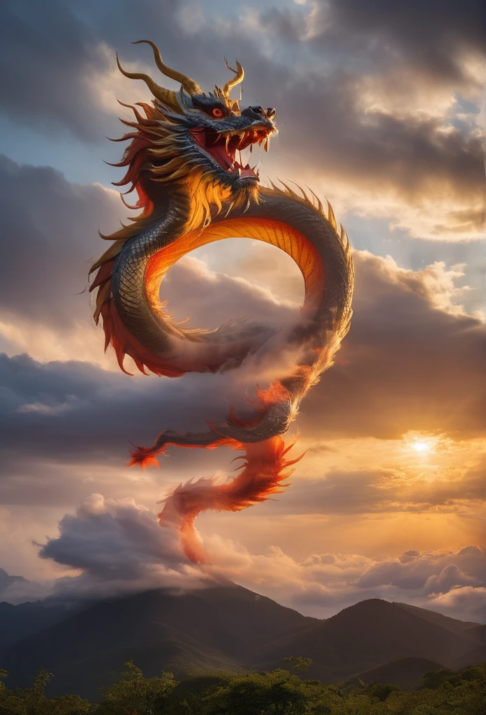 Cloud that looks like a Chinese Dragon illuminated by the rays of the setting sun