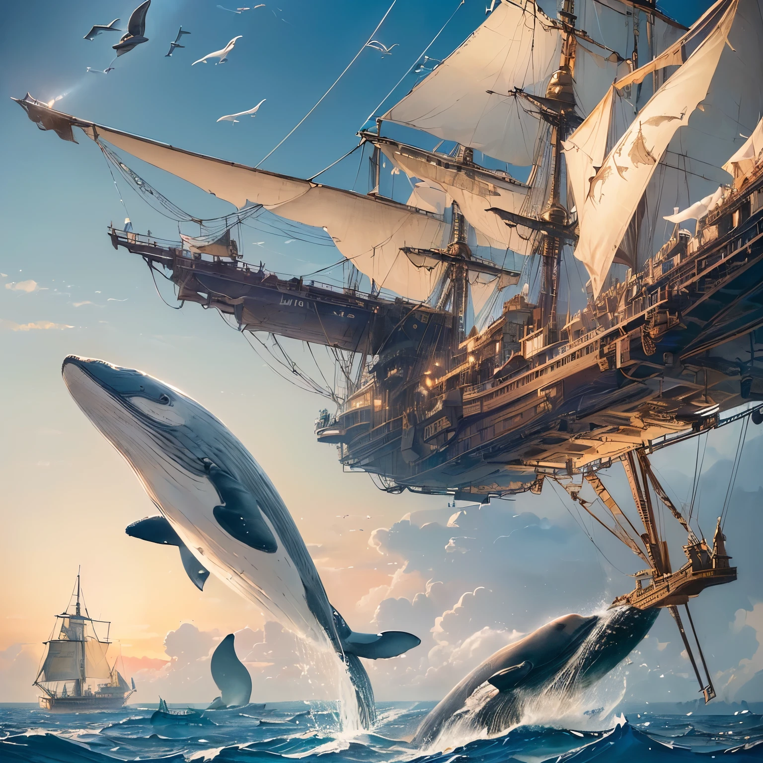 (remote々and a realistic whale flying in the sky、Equipped with anti-gravity device:1.4)、(Steampunk steam ship flying in the sky:1.2)、(A whale and a sailing ship fly side by side in the sky:1.2)、Fantastic World、(Steampunk World)、Steampunk design、Detailed steampunk illustration、delicate and dynamic、(Super detailed alcohol ink paintings:1.2)、vintage、Cinematic、