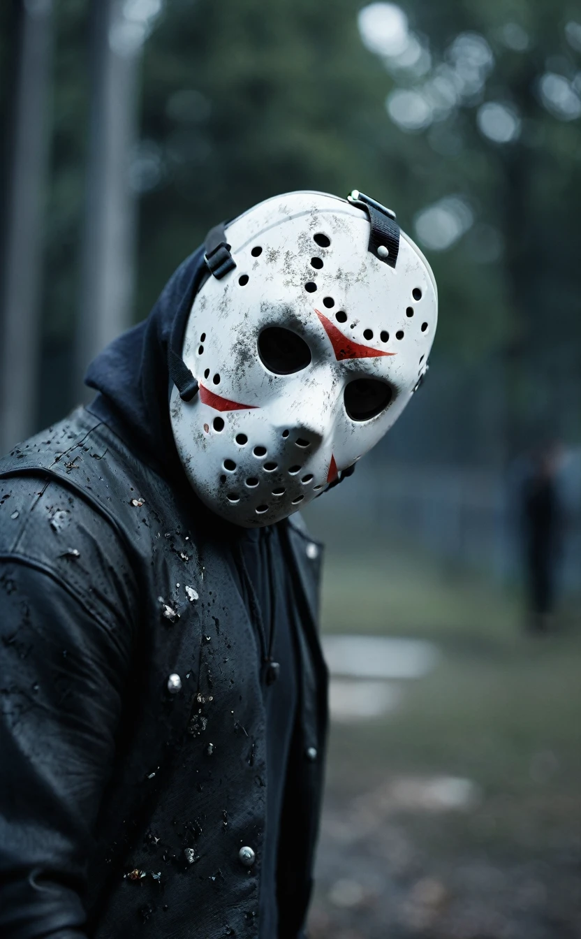 dark森の中の背景、Aggressive pose、８ｋ、Dark fantasy、Jason、Tattered clothes,Torn clotheachet、Hockey Mask、Skinhead、Friday the 13th、Give the viewer a malicious look, Grabbing Viewer, For the viewer,Shallow depth of field, Vignette, Very detailed, High budget, Bokeh, CinemaScope, Sulky, amazing, nice, Film Grain, granular . Creepy, Anxious, dark, Creepyな, Suspenseful, strict, Very detailed