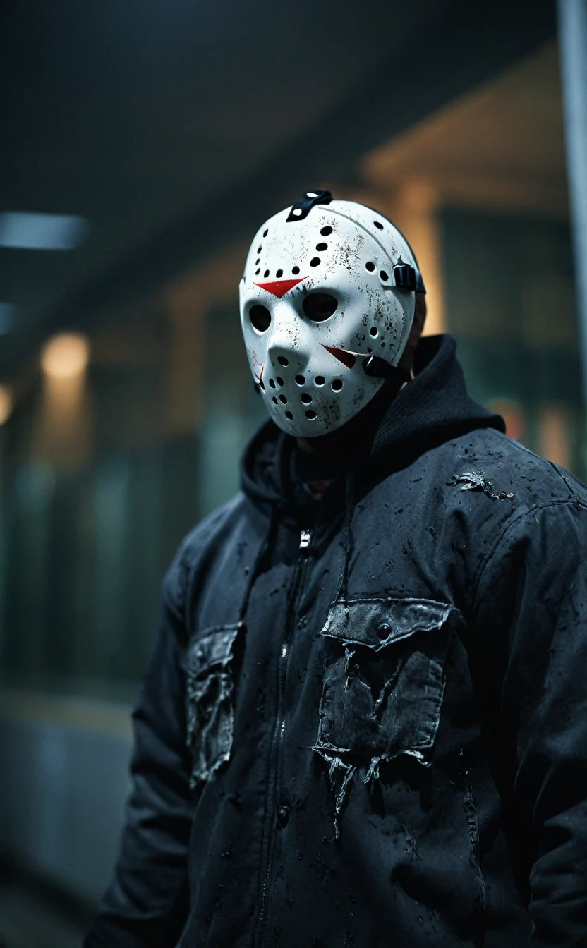 dark森の中の背景、Aggressive pose、8k、Dark fantasy、Jason、Tattered clothes,Torn clotheachet、Hockey Mask、Skinhead、Friday the 13th、Give the viewer a malicious look, Grabbing Viewer, For the viewer,Shallow depth of field, Vignette, Very detailed, High budget, Bokeh, CinemaScope, Sulky, amazing, nice, Film Grain, granular . Creepy, Anxious, dark, Creepyな, Suspenseful, strict, Very detailed