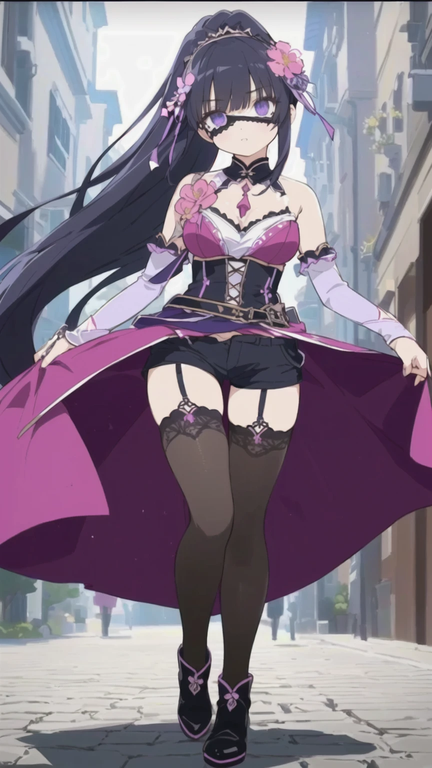 a beautiful girl with long black hair, wearing an eye mask, wearing flowers on her head, wearing arm warmers, wearing sexy clothes, wearing shorts, wearing half-length stockings tied with garters, and wearing high heels. They are female anime characters, an assassin holding a knife.