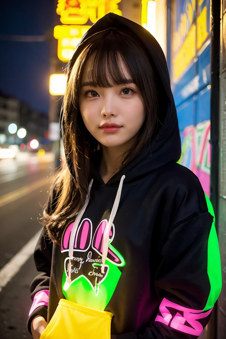 1girl, detailed background, masterpiece, best quality, smile, ornament, hoodie, portrait, yellow neon, graffiti, dark, night, glowing eyes, blacklight