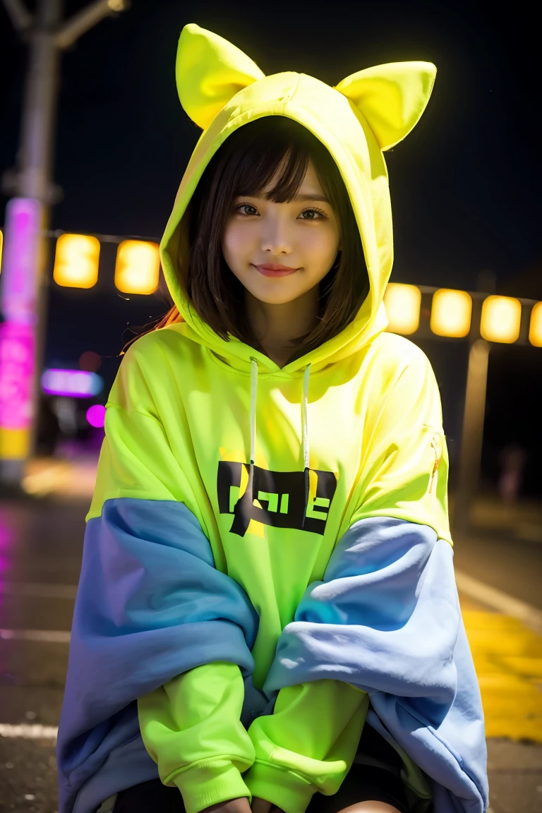 1girl, detailed background, masterpiece, best quality, smile, ornament, hoodie, portrait, yellow neon, graffiti, dark, night, glowing eyes, blacklight