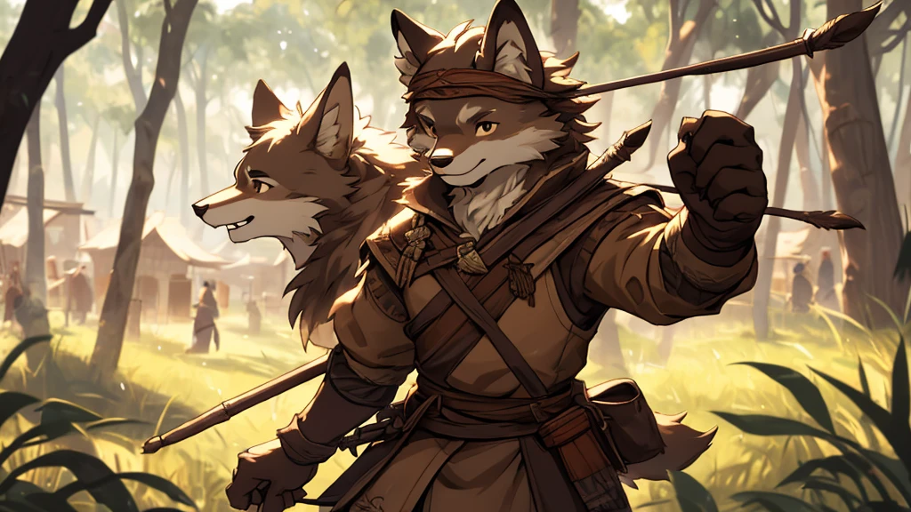 (very detailed illustration: 1.2), best quality, masterpiece, solo, natural lighting, An young anthro wolf with dark brown fur, he has brown eyes and dark brown hair, he has fur on his hands and they have claws., he is dressed in archer clothing from the medieval era, he is in an open field, on his sides there are trees and behind him is a village from the medieval era, he is smiling.