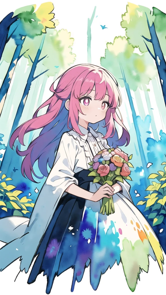 masterpiece, best quality, girl with bouquet, empty pupils, ethereal magical atmosphere, forest, unique, peaceful, colorful, (watercolor \(medium\), drawing, IrisCompiet:1.2),