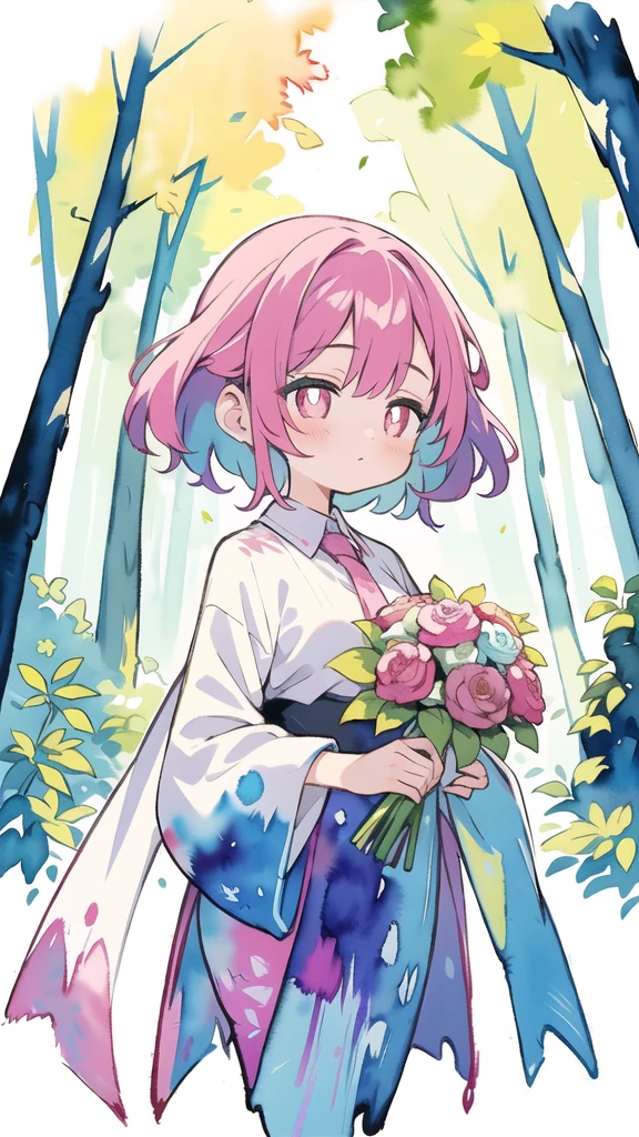 masterpiece, best quality, girl with bouquet, empty pupils, ethereal magical atmosphere, forest, unique, peaceful, colorful, (watercolor \(medium\), drawing, IrisCompiet:1.2),