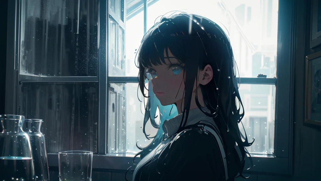 {best quality}, {very aesthetic}, {ultra-detailed}, {8k}, {Super elaborate face}, {Super-smart body}, Wet day, A woman looking out the window indoors, An ennui atmosphere, Super fine hair,