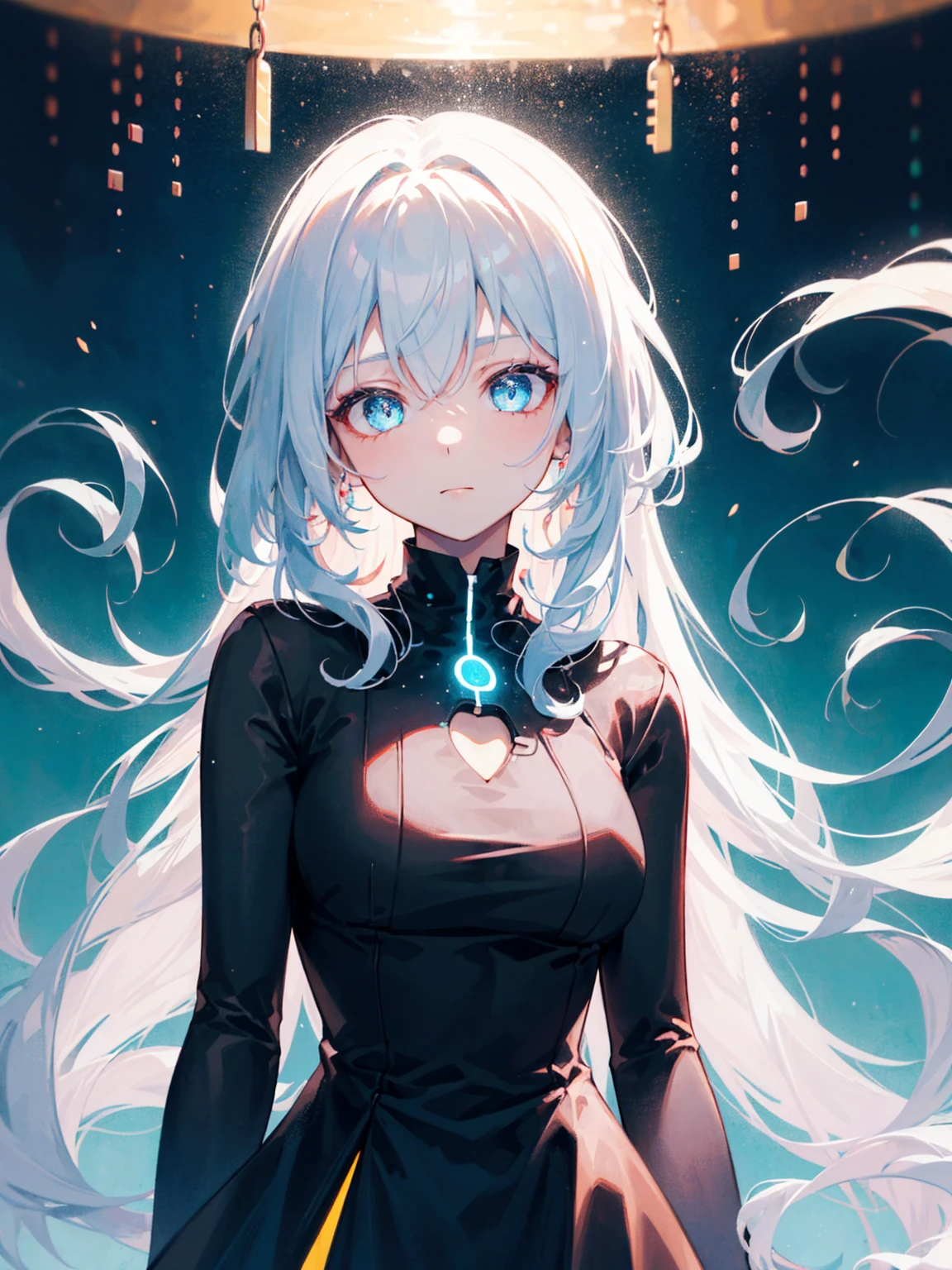 ((masterpiece)), (best quality), (detailed), (1girl), (inner data stream) light blue gradient hair, light blue glowing eyes, straight hair, wearing a modern white shirt and black dress, covered by data particles, locked around the neck