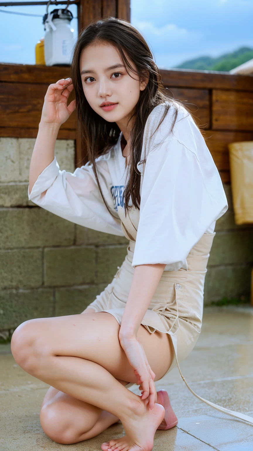 barefoot、20 year old cute Japan woman, ((Extremely precise and accurate anatomy:1.0)), (photo Realistic:1.4), (hyper Realistic:1.4), (最高品質のRealisticな肌の質感:1.4), (Improvement of quality:1.4), (Enhances the beauty of skin texture:1.1), Clean and glowing skin, mesh, thin:1.2, (Realistic:1.3), Realisticなライティング, (Smoother lighting:1.05), (Improving the quality of cinema lighting:0.9), Backlight, A gentle light on your face, Ray Tracing, (Bright light:1.2), 32K, One Japanese woman, fine grain, Detailed face, (Film Grain:1.1),(Accentuates body lines:1.1), High resolution, Natural look, Kind eyes, Improves hair quality, Delicate light and shadow, Transparent muscles, Graceful pose, Beautiful Eyes, Sharp details, Soft light reflection, Beautiful contours, Delicate skin tone, Fine hair texture, Natural background, (((Open shirt、splash、Sandy Beach、Light of the sun、clear blue sea、The waves crash quietly、Blue sky and white clouds、green mountain々、Beautiful Nature、The joys of youth)))、