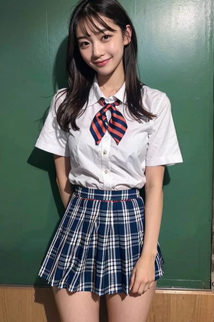 1girl,23yo.strawberry print panties ,.classroom brown eyes, brown hair, cardigan, female pubic hair, full body, gyaru, hair ribbon, lips, loafers, long hair, looking at viewer, panties, plaid, plaid skirt, realistic, red ribbon, , shirt, short sleeves, simple background, sitting, skirt, skirt lift, smile, solo, spls, standing, striped, white neckerchief, white shirt.