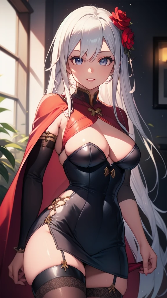 masterpiece, best quality, solo girl, white hair, gray eyes, long hair, medium breasts, sexy body and face, wavy hair, smile, parted lips, red lips, ribbon, crown of thorns, thorns, (red cape, dress flower), detached sleeves, hair flower, hair ornament, long sleeves, black corset, long skirt, red dress, rose, strapless dress, long skirt, thighhighs, thighlet, red nails, dress flower, black thighhighs, mksks style, beautiful background, orchestra, indoors, sexy pose, cowboy shots, sharp focus, ultra-detailed body, face, and eyes, vibrant, creative, dynamic, high definition, high resolution, 8k, (Upscale: R-ESRGAN 4x+ Anime6mage enchance:4x), voluptuous body, cinema lightning, looking at the viewer, (realistic:1.4), (beautiful detailed face, beautiful detailed eyes, volumetric lighting),