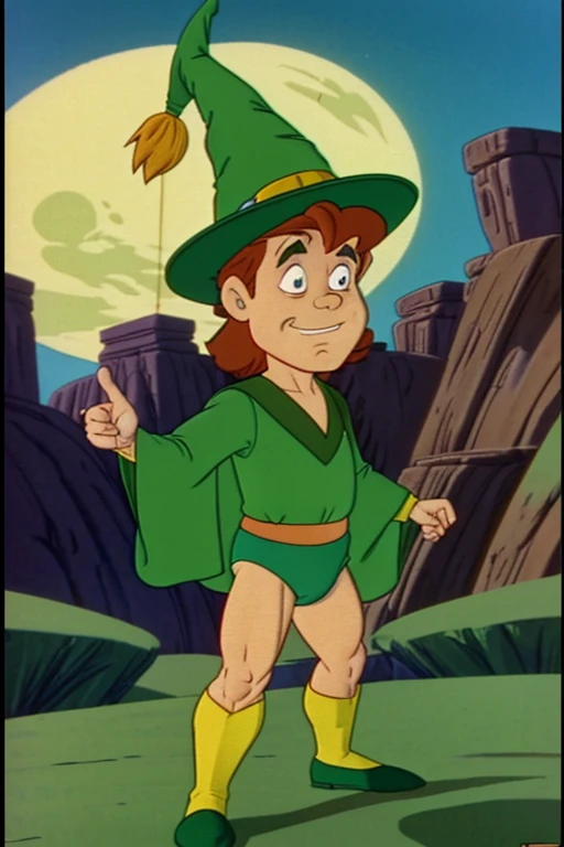 a redhead cartoon character, ((He wears a green underwear and a wizard hat)), a young male wizard, 1980s cartoon, animated episode still, Presto (((mad)))