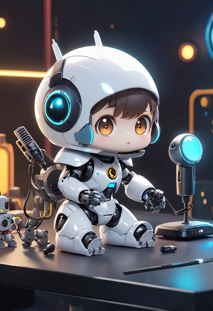 Close-up of a robot on a table, 3D Rendering, Jongsuk Lee, Digital Art, Adorable glowing creatures, Nendoroid-like style, Futuristic gear and helmet, Shiny white armor、A cartoon-style robot with a dice motif,A cute robot、Big eyes、Eyes closed expression、antenna、Electronic display panel on chest、Holding the microphone close to your mouth、whole body、Background is white、