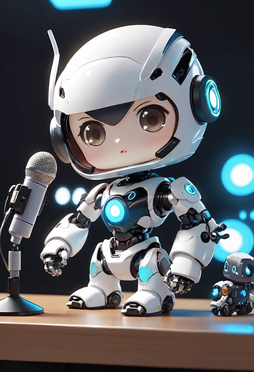 Close-up of a robot on a table, 3D Rendering, Jongsuk Lee, Digital Art, Adorable glowing creatures, Nendoroid-like style, Futuristic gear and helmet, Shiny white armor、A cartoon-style robot with a dice motif,A cute robot、Big eyes、Eyes closed expression、antenna、Electronic display panel on chest、Holding the microphone close to your mouth、whole body、Background is white、