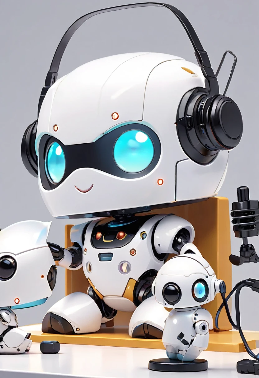 Close-up of a robot on a table, 3D Rendering, Jongsuk Lee, Digital Art, Adorable glowing creatures, Nendoroid-like style, Futuristic gear and helmet, Shiny white armor、A cartoon-style robot with a dice motif,A cute robot、Big eyes、Eyes closed expression、antenna、Electronic display panel on chest、Holding the microphone close to your mouth、whole body、Background is white、