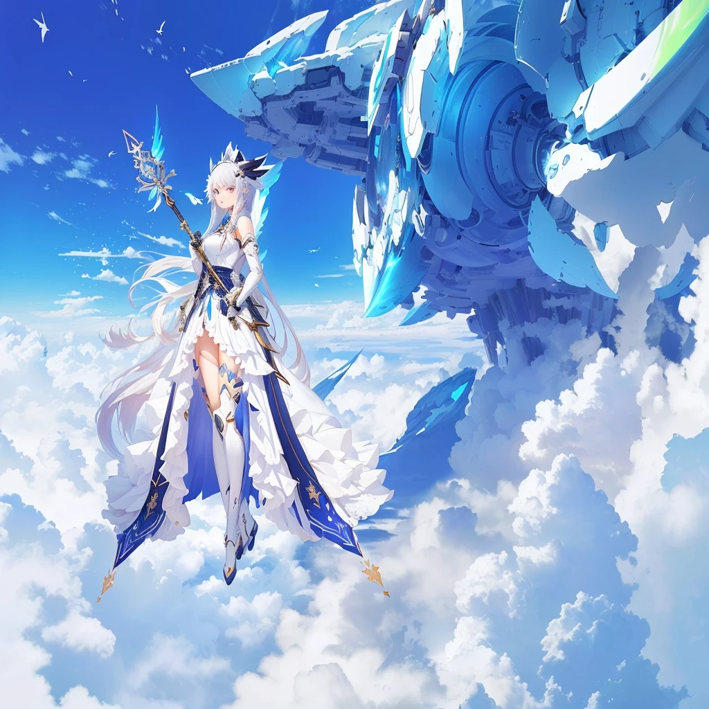 Anime girl in a white dress standing in the clouds，Holding a sword, Azur Lane Characters, From the Azur Lane video game, 《Genshin Impact》Keqing, From Ark of Tomorrow, Popular on artstation pixiv, Full body fairy, Genshin Impact角色, Anime Goddess, ( ( Artificial Intelligence Art God King ) ), Beautiful fantasy anime, Popular on cgstation