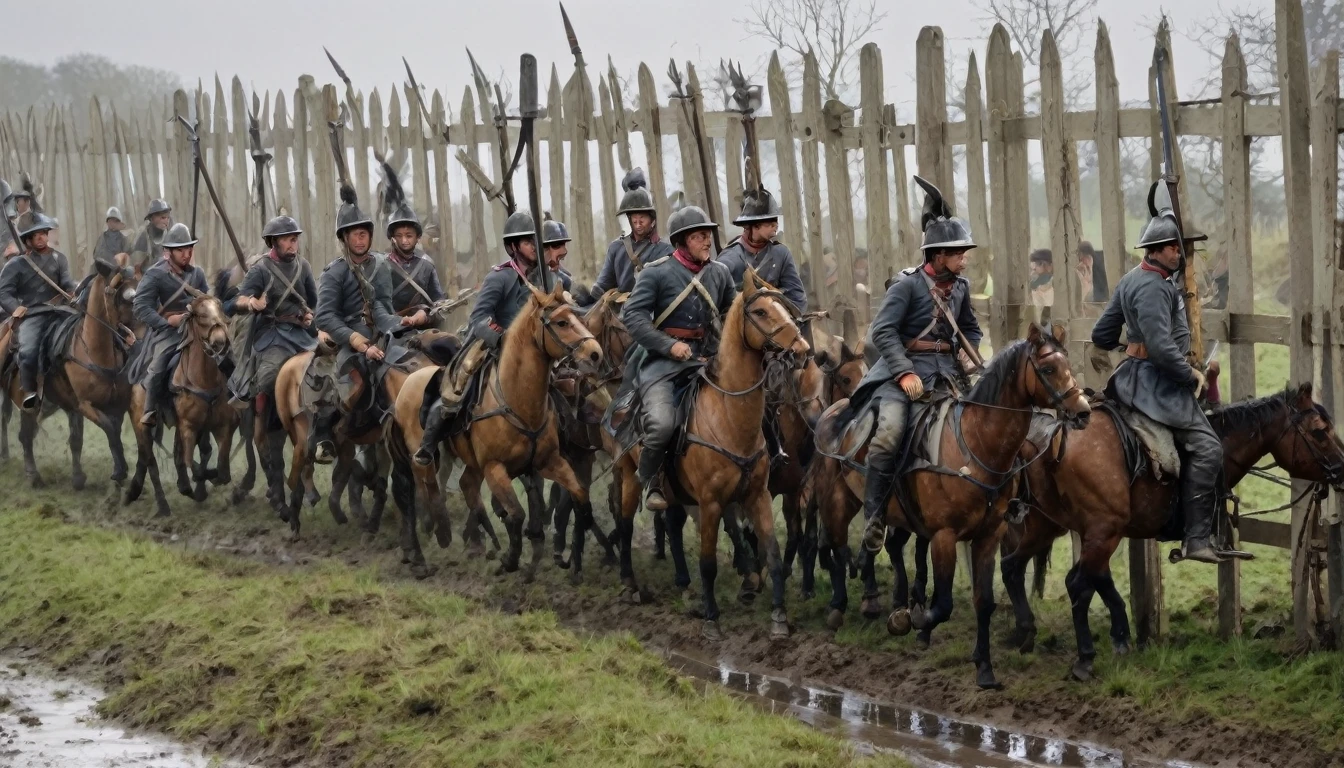Cavalrymen impaled by a picket fence on a muddy battlefield