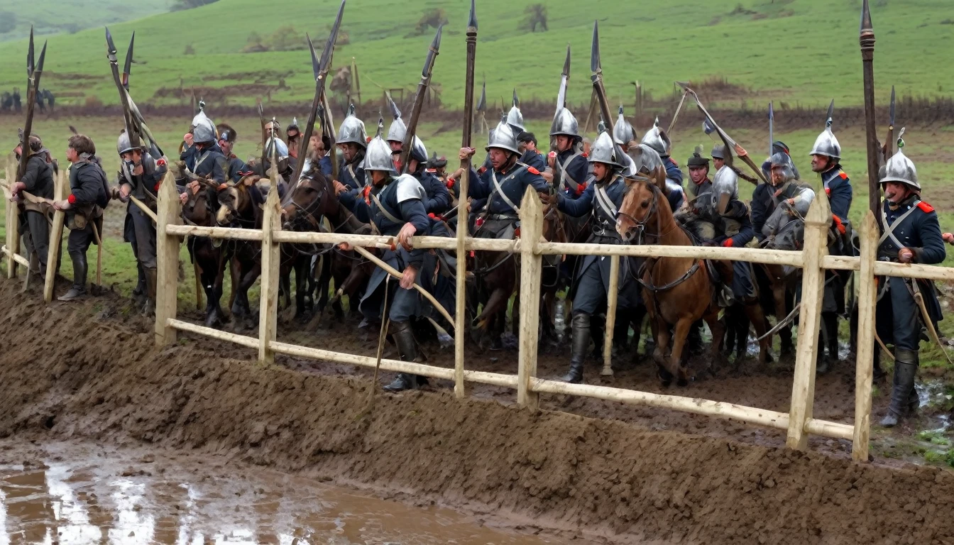 Cavalrymen impaled by a picket fence on a muddy battlefield